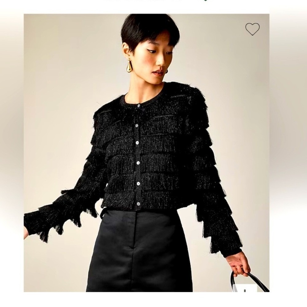 J.Crew Womens Black Metallic Tiered Fringe Cropped Cardigan Sweater Round Neck